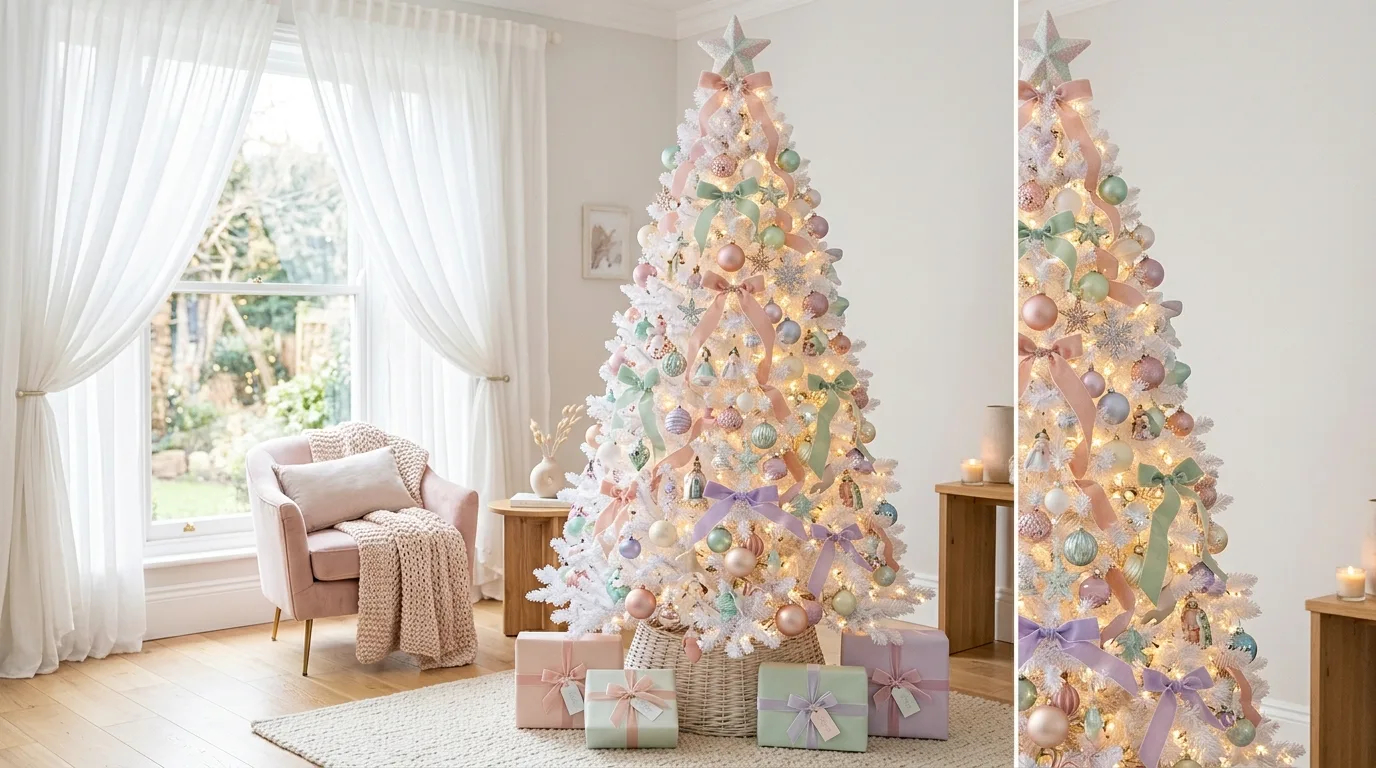 White Christmas tree decorated with pastel ornaments.